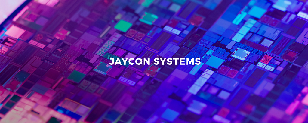Processors neatly tessellated with purple and blue lighting in the background, with the Jaycon Systems name in the middle of the image.