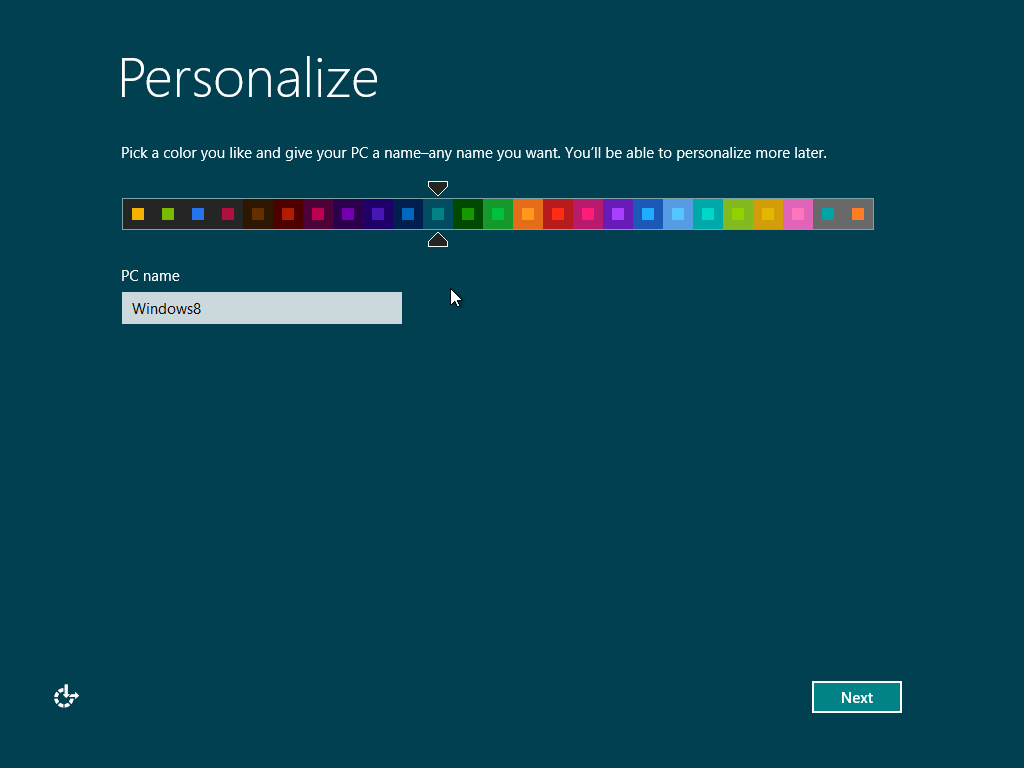 A screenshot of the Personalize step of Windows 8’s OOBE. It contains a color palette for the user to select a color scheme and a field where the user must input the device name. The background is plan blue, the interface has no distractions.