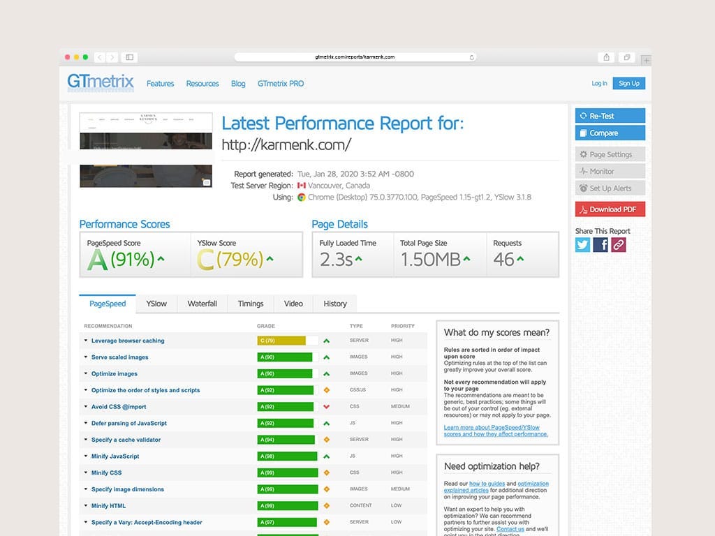 Screenshot of GTMetrix website performance and speed test of karmenk.com