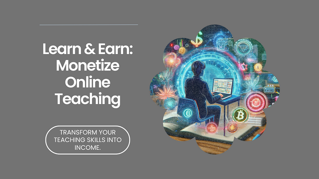 Learn & Earn: Monetize Online Teaching — Transform your teaching skills into income. Photo os a futuristic background in which a teacher uses a laptop and earn money from his teaching efforts.