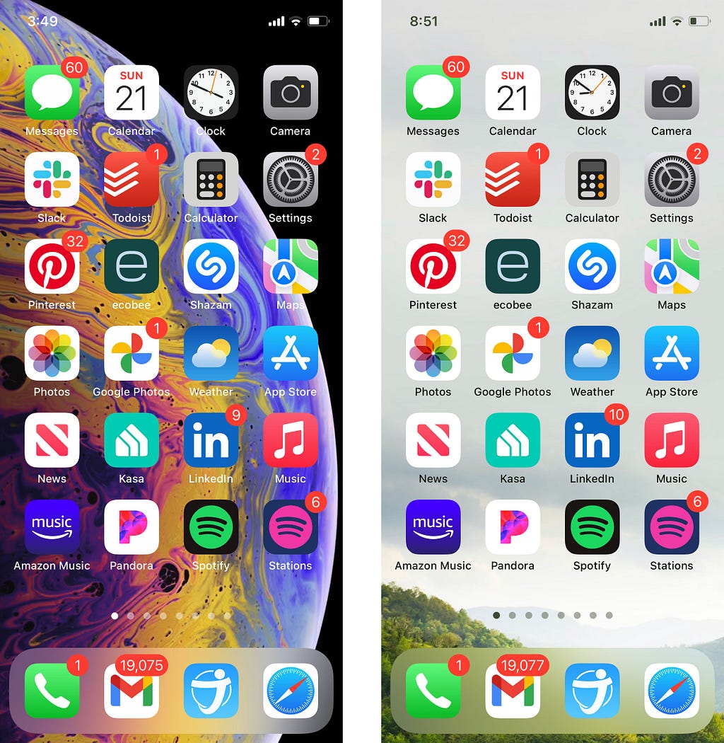 iPhone home screen before and after reducing background clutter