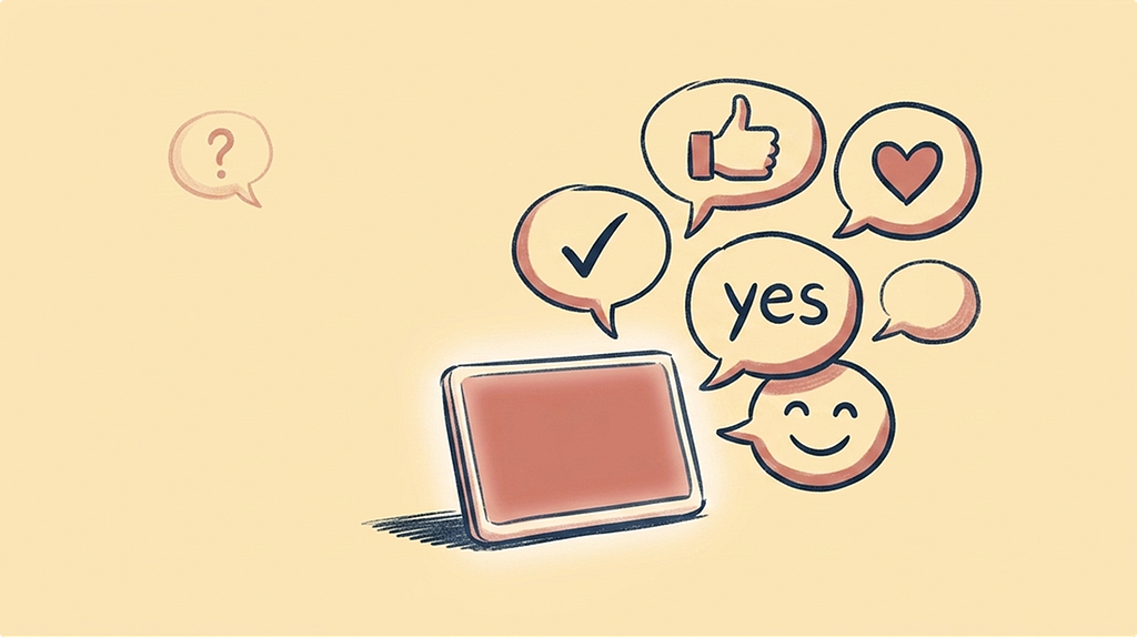 Illustration of a softly glowing rectangular screen surrounded by a cluster of speech bubbles. The bubbles contain symbols of approval: a checkmark, a thumbs up, a heart, the word “yes,” and a smiling face. To the left of the screen, isolated and faint, sits a single small bubble containing only a question mark.