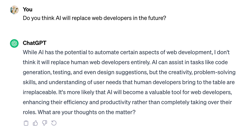 Prompt made to ChatGPT about the possible replacement of web developers in the future.