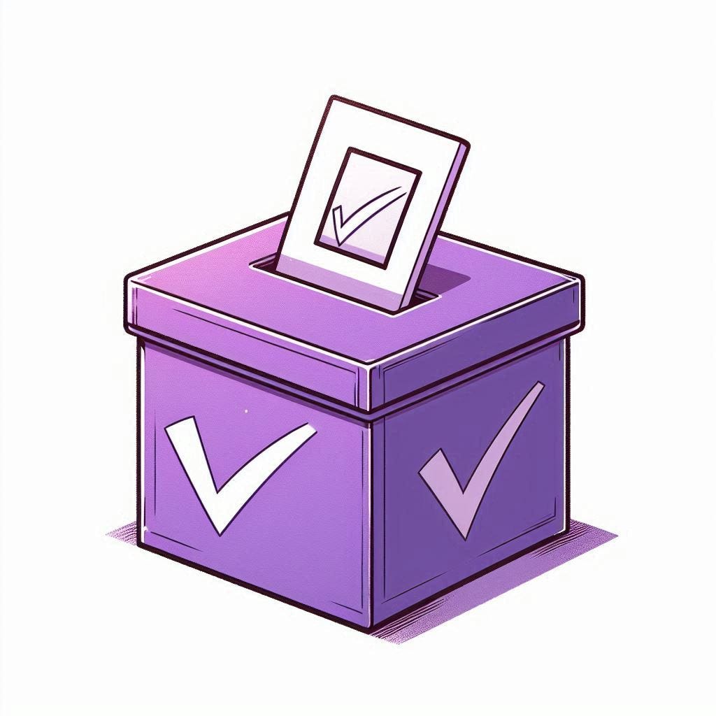 A purple ballot box with a vote slip in it.