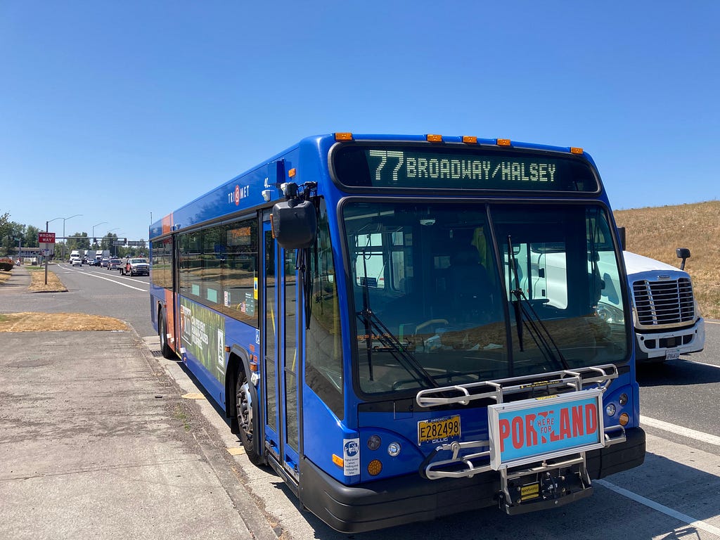A line 77 bus parked in Troutdale at its layover spot.