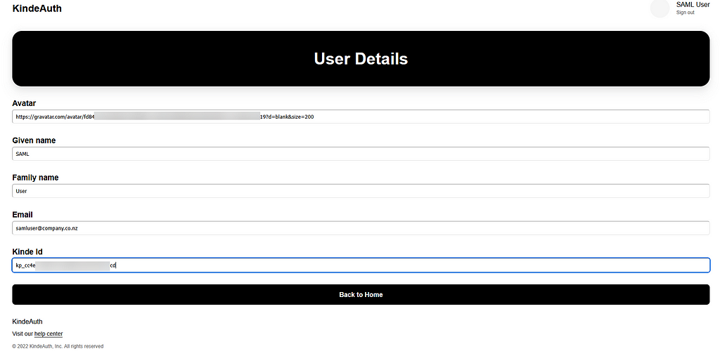 Image of user details screen — display name, first name, surname & email