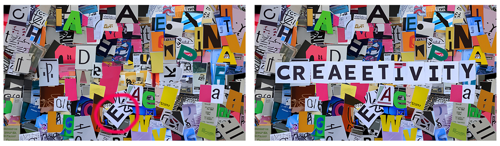 Colorful cutouts of letters compiled into a collage. The letter E is circled. Next to it is the same image of the collage but on top of it are letters spelling out C-R-E-A-E-E-T-I-V-I-T-Y.