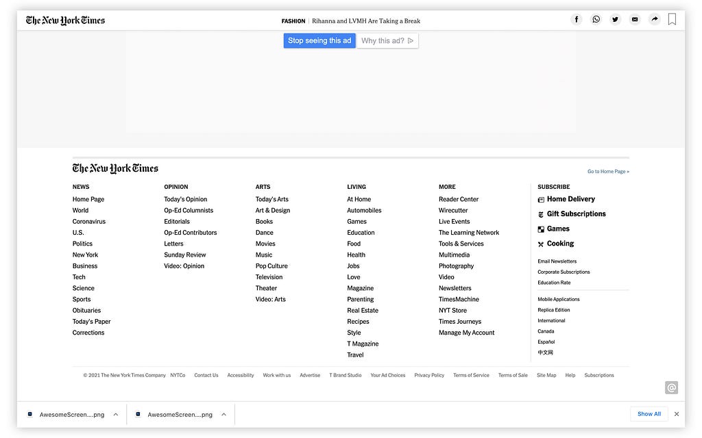 Example of a ‘fat footer’ on the New York Times website