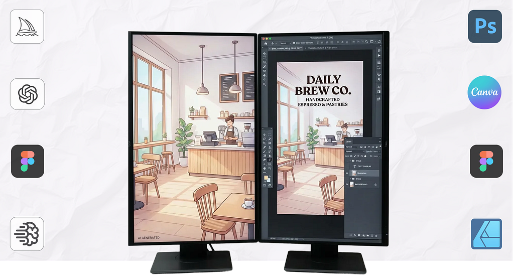 Dual monitor setup showing AI workflow: left screen displays AI-generated coffee shop interior without text, right screen shows the same image in Photoshop with ‘Daily Brew Co.’ text overlay being added. Design tool logos (Photoshop, Figma, Canva, Affinity Designer) surround the monitors on the right side.