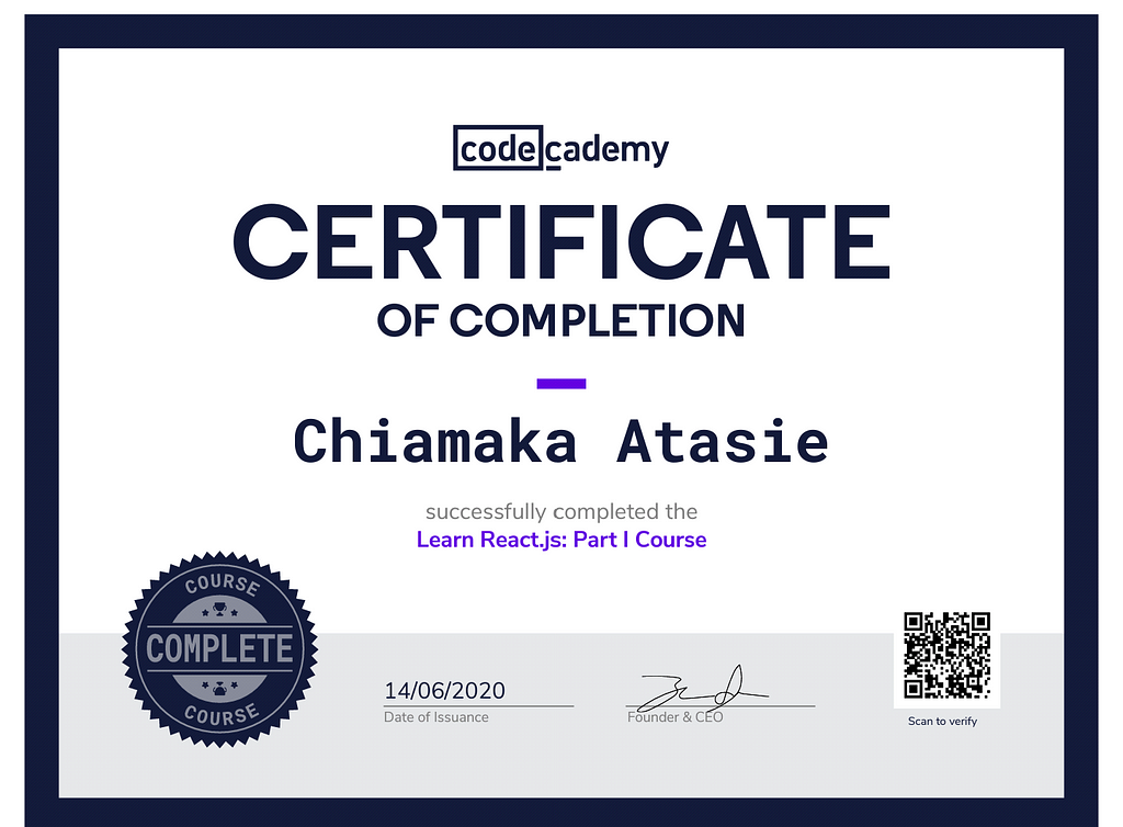 My React certification from CodeCademy