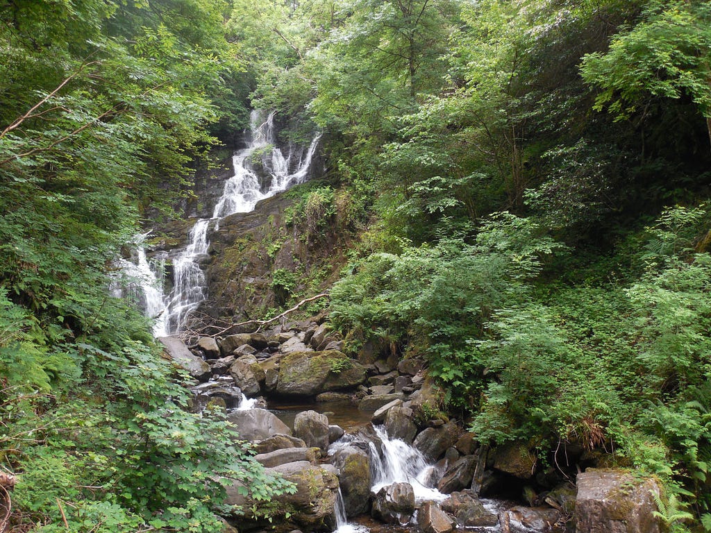 Torc Waterfall, a streaming cascade surrounded by greenery, in Killarney National Park, Ireland