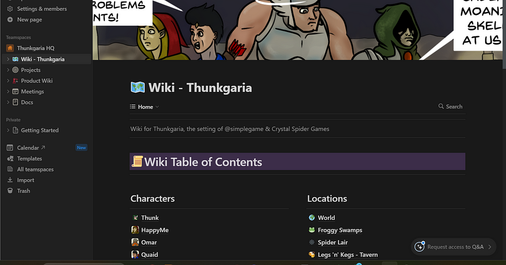 A wiki page for Thunkgaria with a comic at the top and lists of Characters and Locations