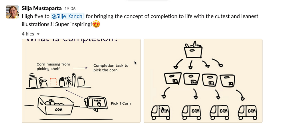 Screenshot from Slack of one UX designer sharing the process sketches of another designer, as a way to encourage work sharing.