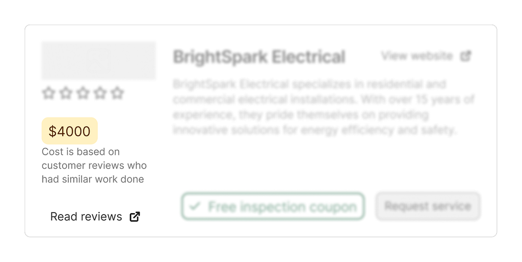 Zoomed-in view of the price section on an electrician card, with a bold dollar amount and a line explaining that the cost is based on similar customer reviews, plus a link to detailed reviews.