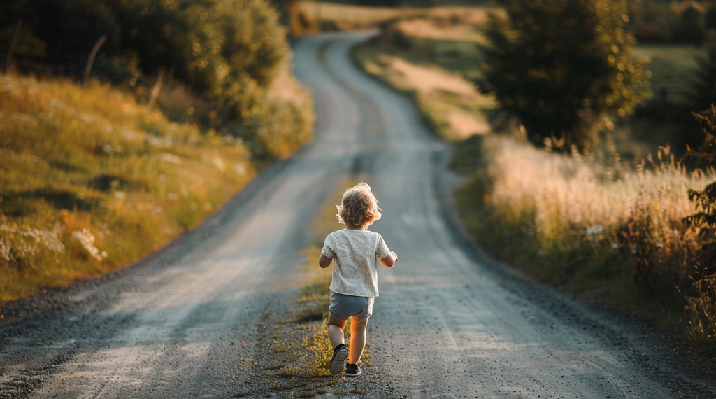 View from behind as a toddler sprints down a rural gravel driveway