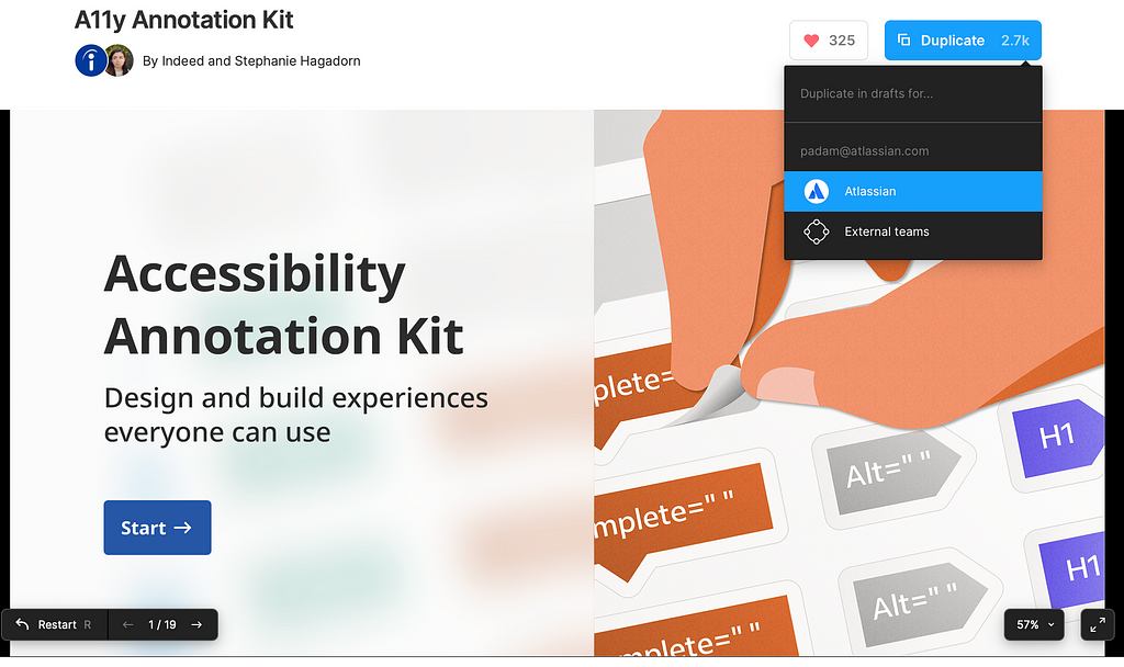 Accessibility Annotation Kit community file showing Duplicate into drafts process