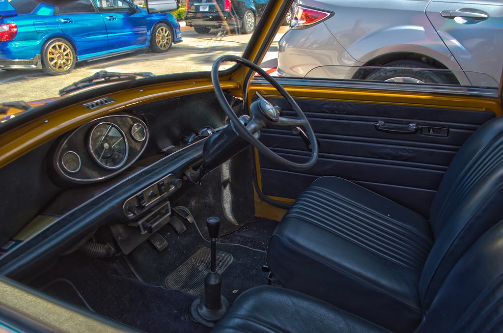 A dashboard of the first Mini Cooper