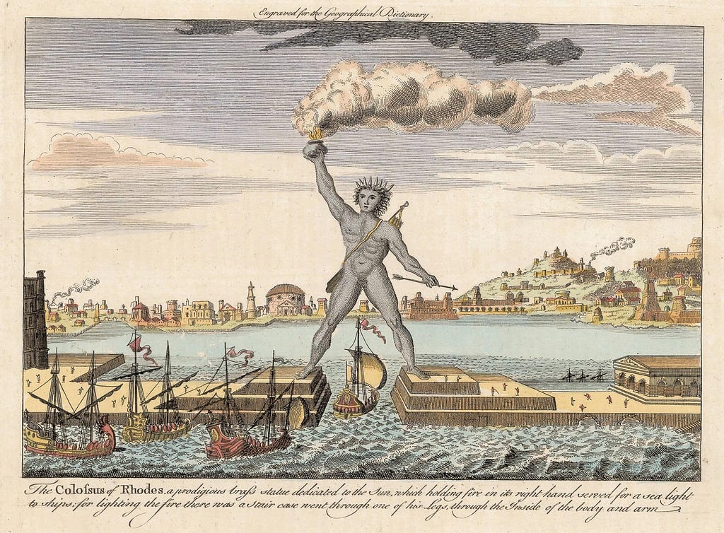 illustration of Colossus, astride harbour entrance with medieval ship passing underneath
