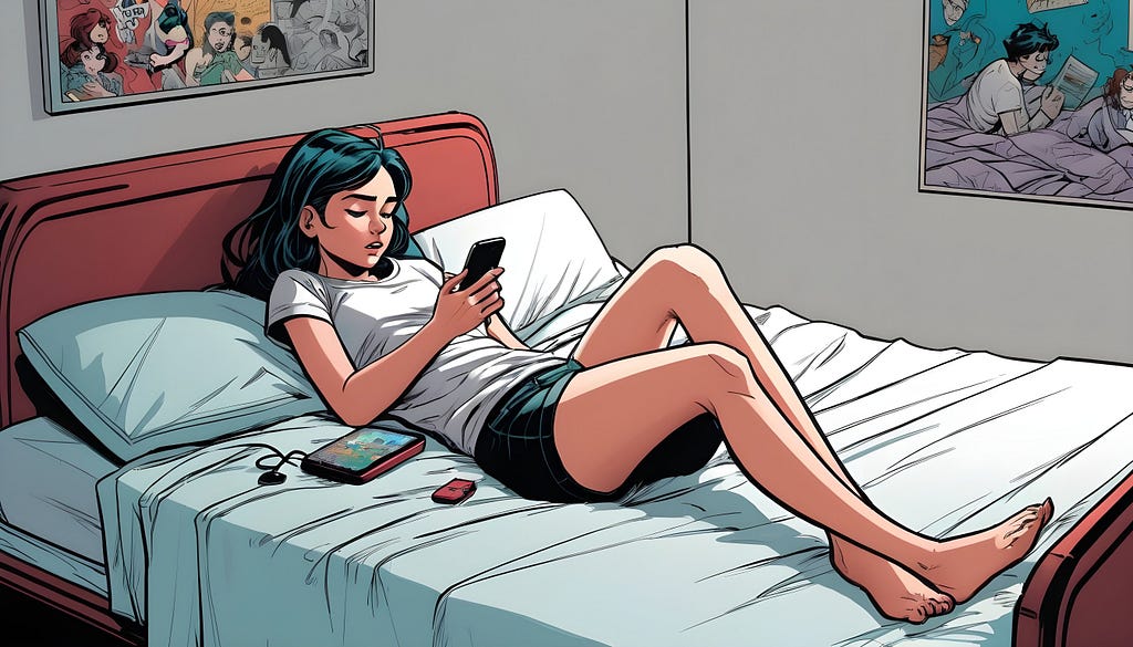 An image of a girl lying on an unorganized bed and scrolling on her phone