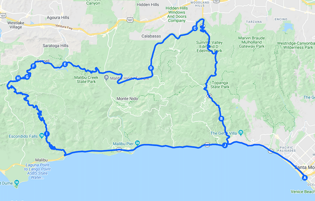 Map of motorcycle route through Santa Monica Hills