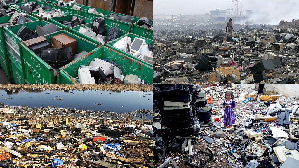 e-waste thrown away in land, sea, city and between villages where people live