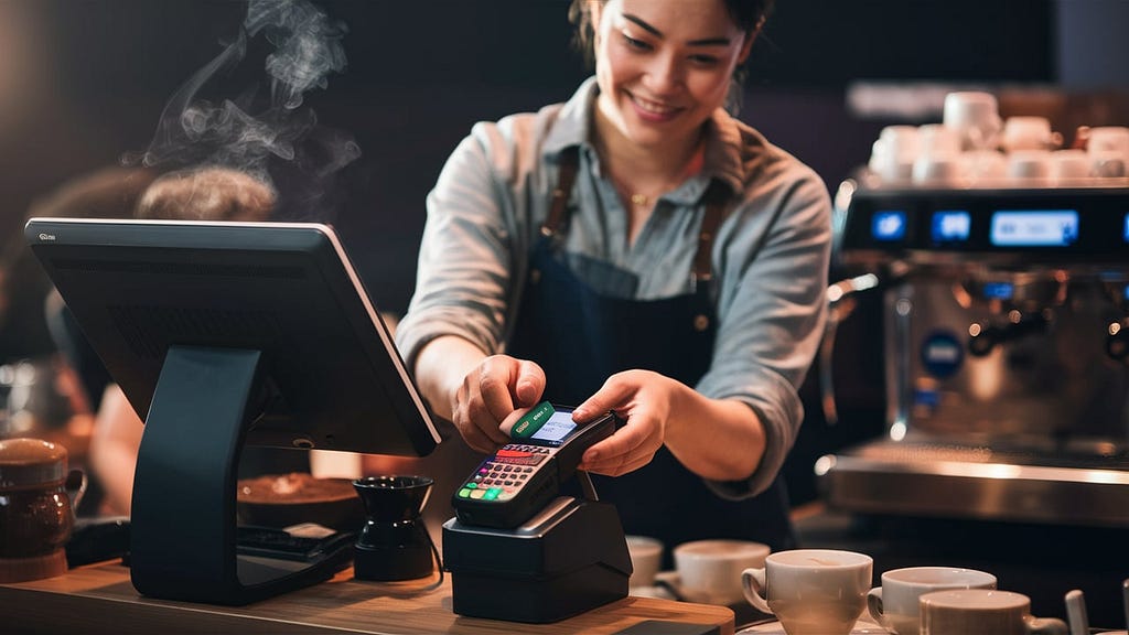 Barista using a POS system to process a payment in a cafe.