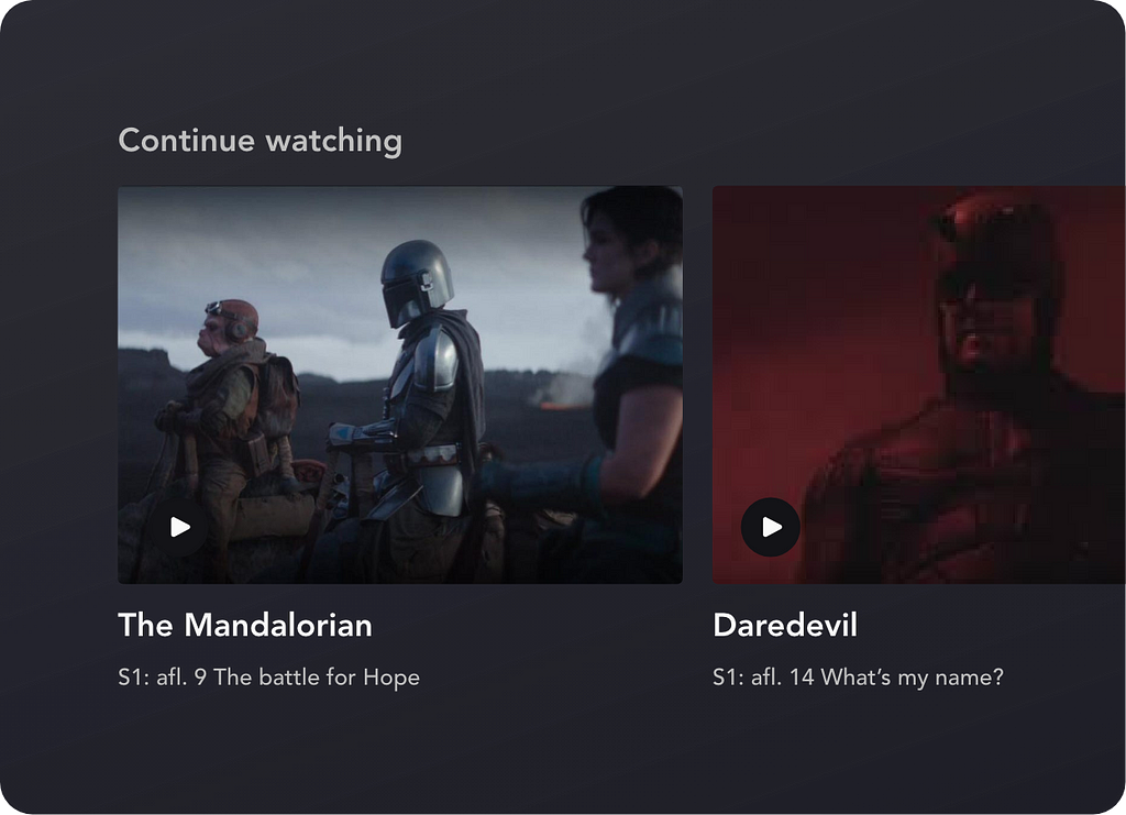 An updated UI element of the Disney+ app. showing 2 episodes the user could continue watching