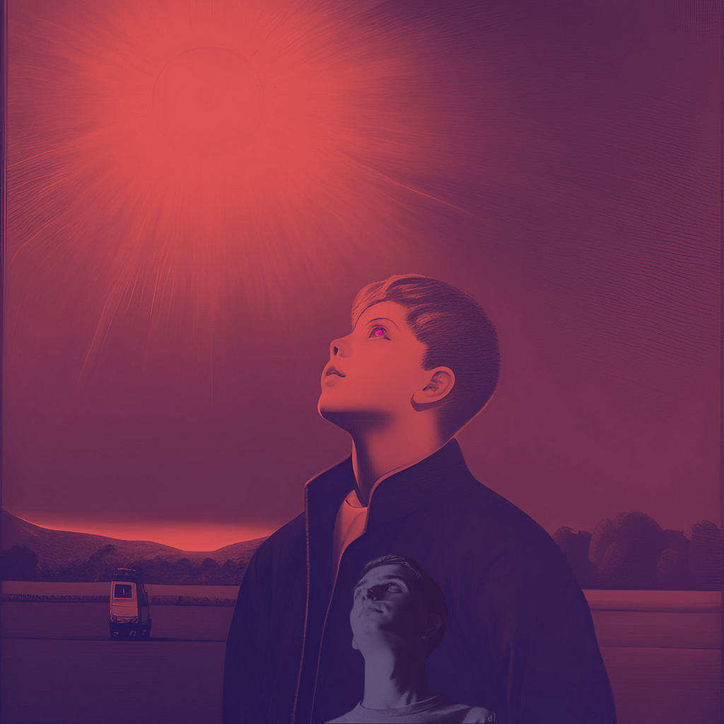 An AI Generated image showing boy looking at sky, just like Arian in the story. There is an complete pink tint on the image and eyes are sparkling with shade of pink. Boy looks all calm while holding such a power.