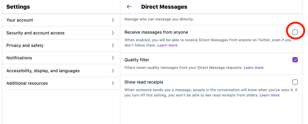 Settings area on Twitter for Direct Messages