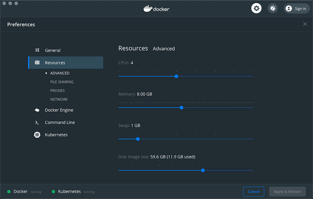 Shows resources, 4 CPU, 8MB RAM, etc