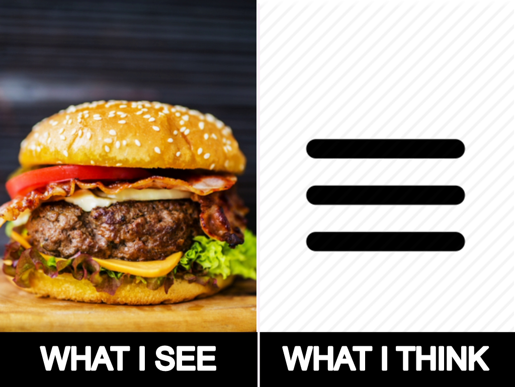 What I see — a hamburger, What I think — a hamburger menu meme