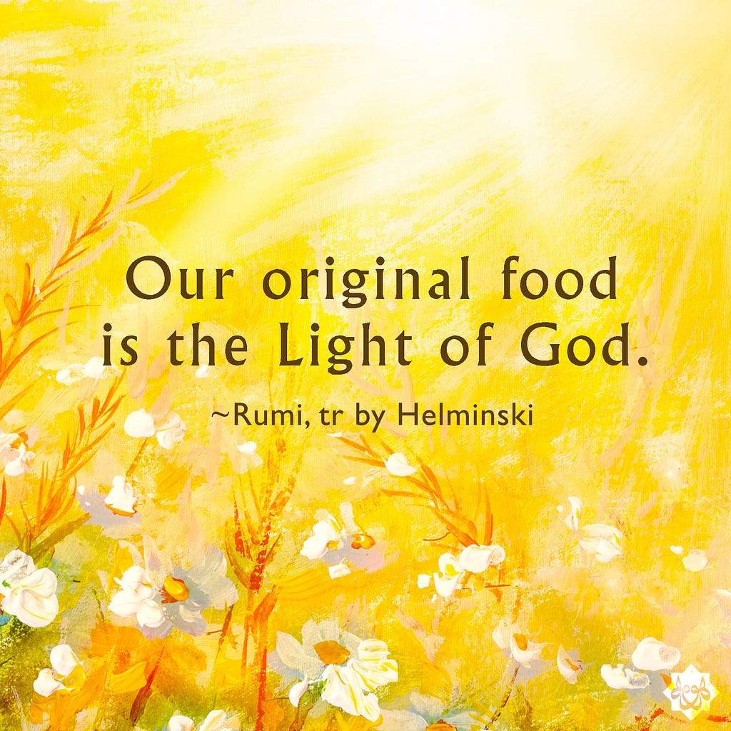 Yellow sunlight background with wildflowers in foreground, text reads: Our original food is the Light of God.