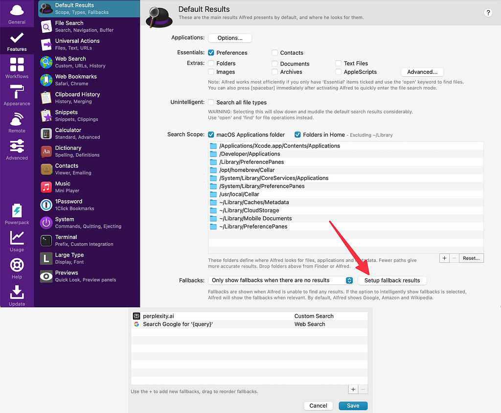 Alfred settings pointing out the default fallback settings