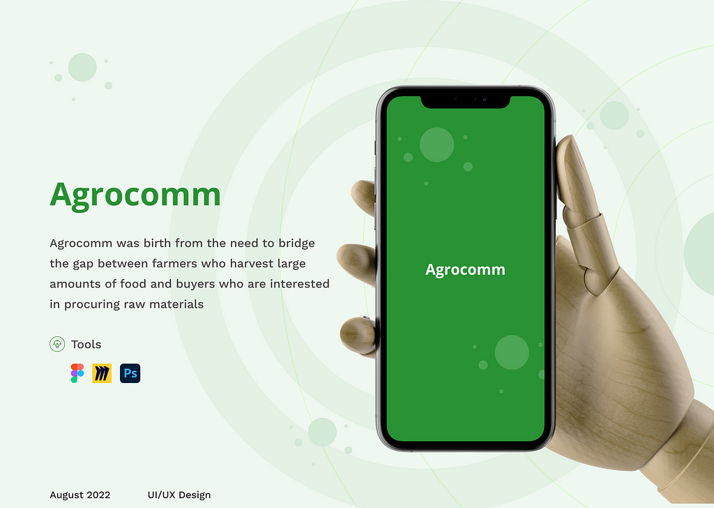 Mockups showing the onboarding screen of the Agrocomm and what Agrocomm is about