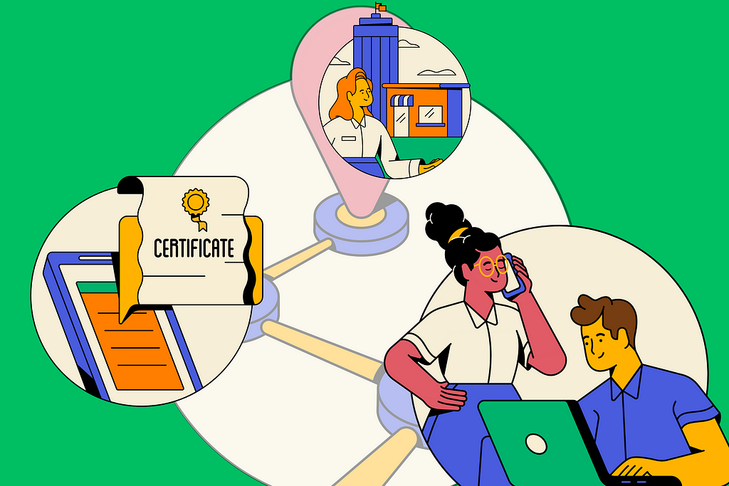 Graphic illustrating 3 points on the LER Ecosystem Map. At the front, a woman on the phone and a man on a laptop represent learners and job seekers. In the middle, a device issues a digital certificate. At the destination, a business woman stands in front of an office building, representing employment.