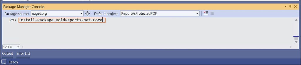 Command to install BoldReports.Net.Core NuGet package.