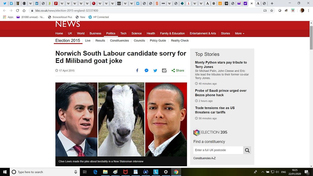 Screenshot of the rather cheeky image used by the BBC as it reported on Lewis’ lewd bestiality joke in 2015.