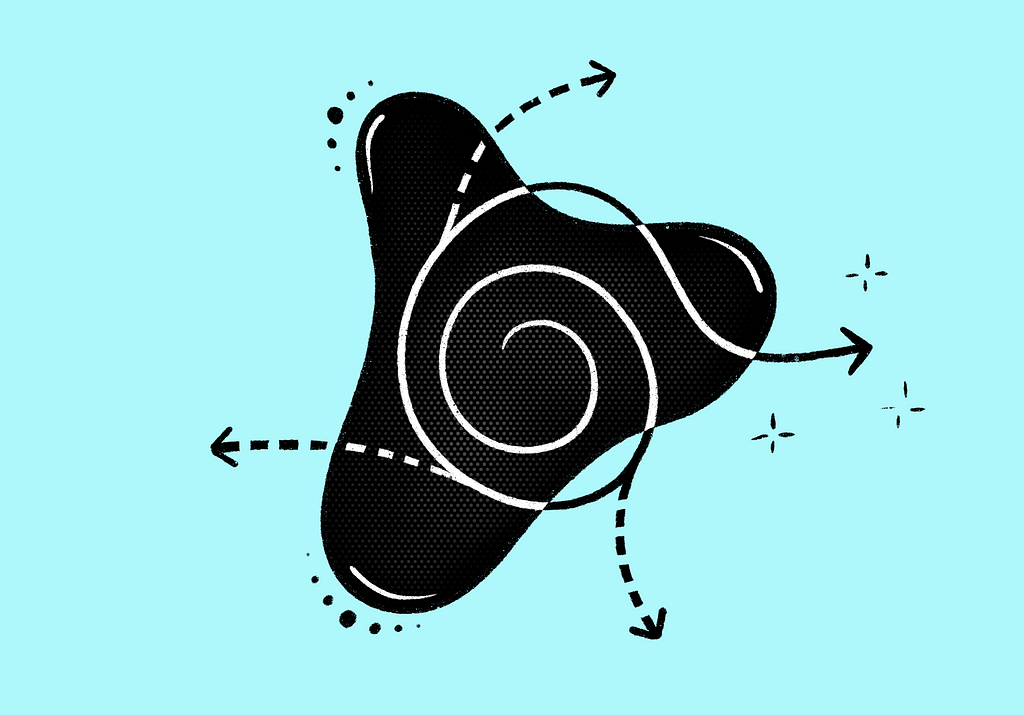 An abstract illustration showing a spinning arrow with multiple alternate directions.
