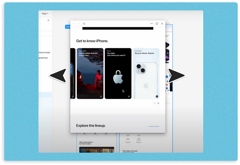 Screenshot of apple.com in Figma’s prototype mode with overflow scroll content