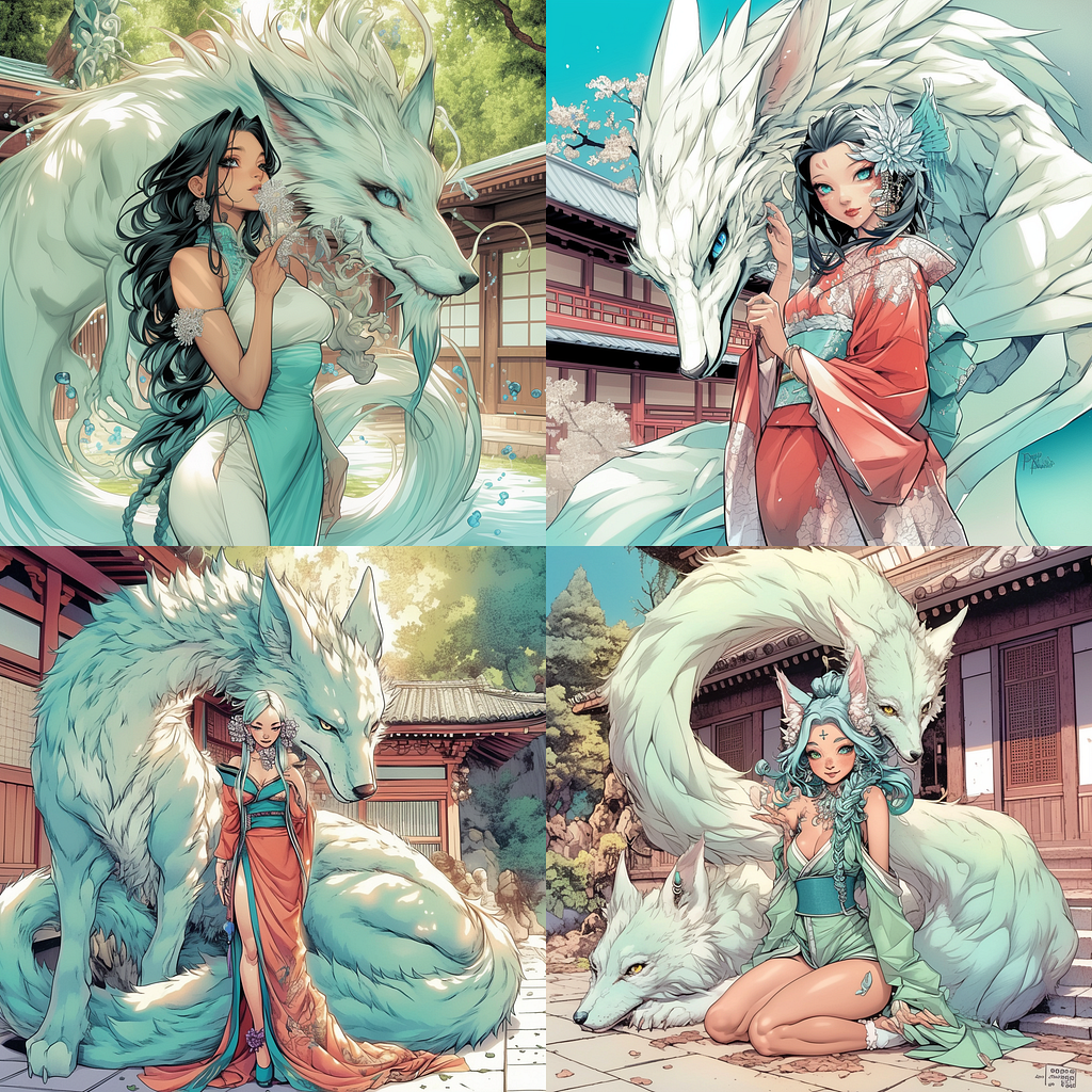 A girl with a dragon in mature art style in Green & Teal