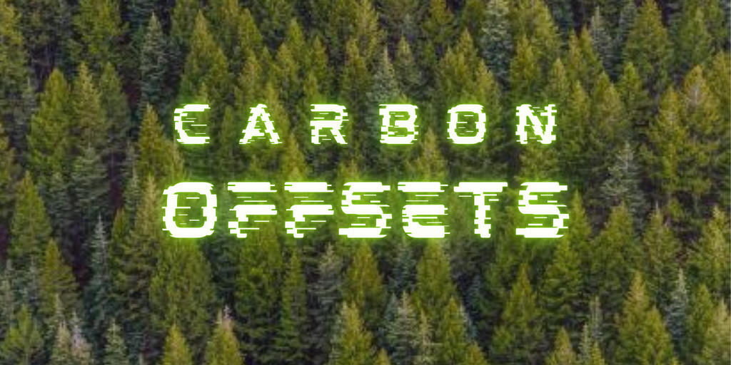 A picture of a forest with overlaying text that states “Carbon Offsets”