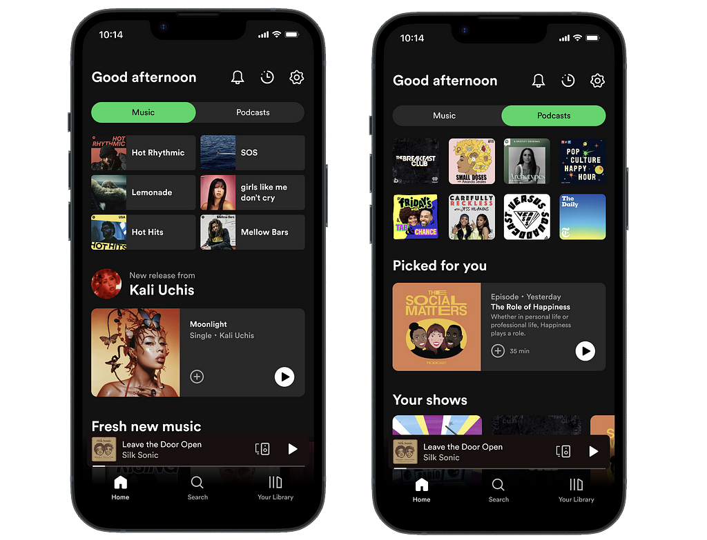 Mobile phone mockups of redesigned Spotify’s home screen featuring a switchable tab between music and podcast sections