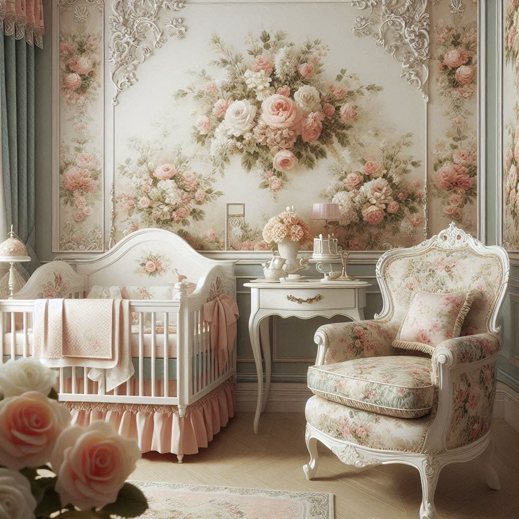 Vintage inspired nursery with delicate florals of 50s