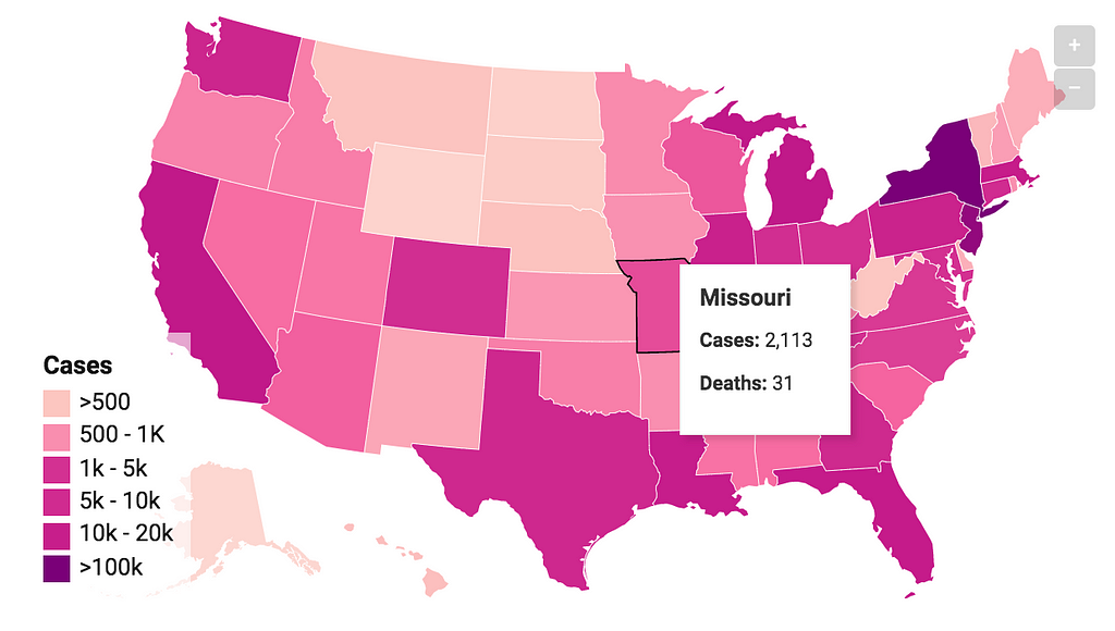 COVID-19 map of the USA highlighting case and death counts for the state of Missouri on April 4, 2020 Source: LiveScience