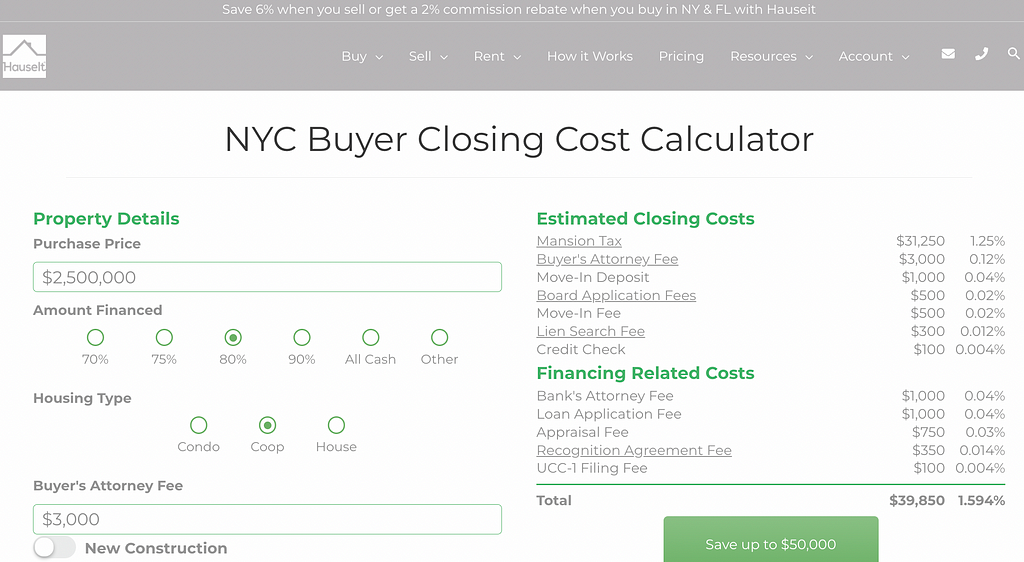 Hauseit NYC Buyer Closing Cost Calculator