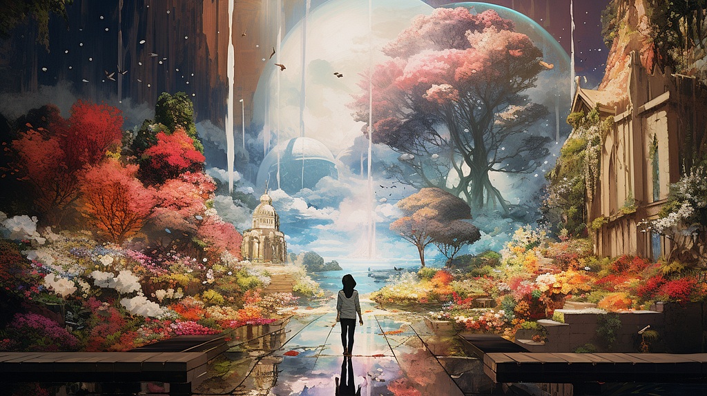 A surreal artwork displaying a figure standing at the edge of a reflective surface, gazing into a vibrant, colorful landscape with a mix of architectural styles and flora, all encased within a gigantic transparent dome.