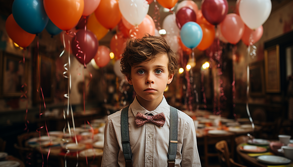 a frowning boy at birthday party. the room is full of party balloons, but no people.