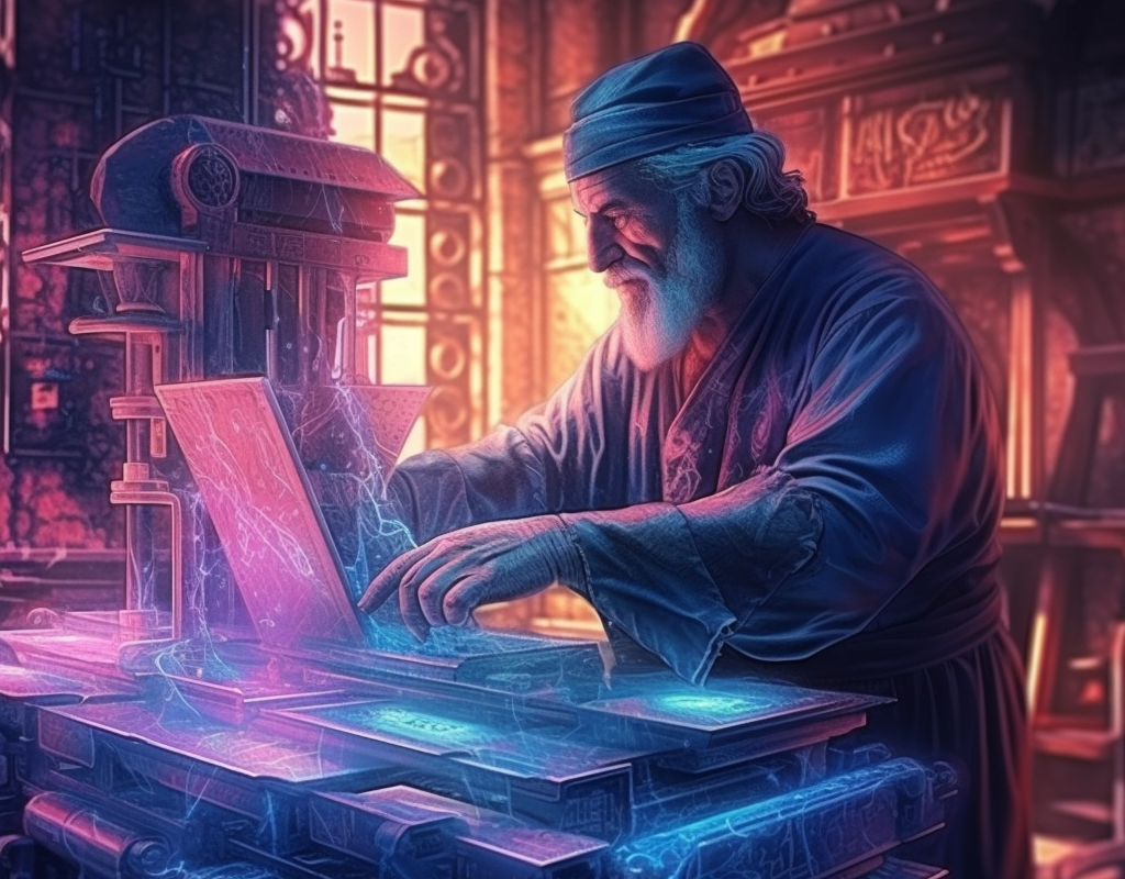 a holographic memory of Gutenberg’s medieval figure working in his workshop with the printing press