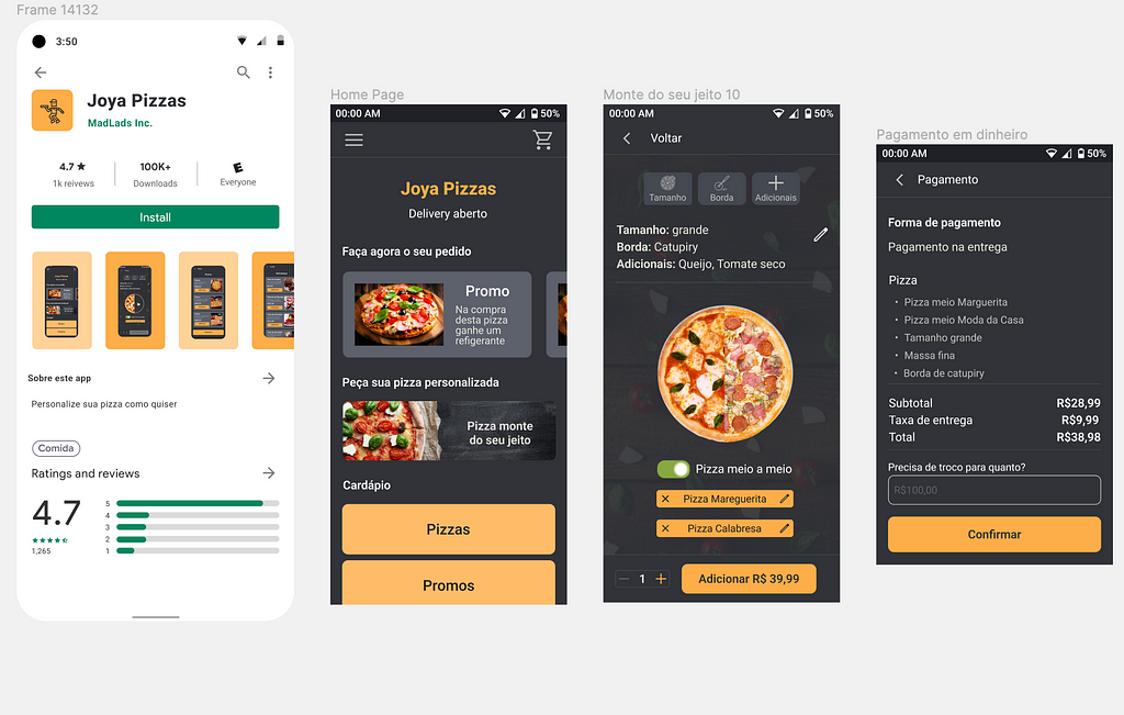 Print das telas do projeto Joya pizzas, a primeira interface é uma tela da Play Store para baixar o aplicativo, na segunda tela é a home page do Joya Pizzas com cards e botões, na segunda tela é uma pizza já personalizada e montada, na última interface, um resumo do pedido com o botão de Confirmar o pedido.