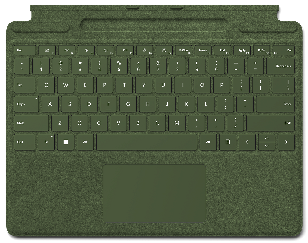 An overhead view of a forest green keyboard formally known as the Surface Pro Signature Keyboard.